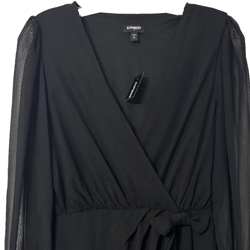 Express Fit and Flare Dress Small Black Chiffon Sleeve Sash Tie‎ Mini A Line NWT